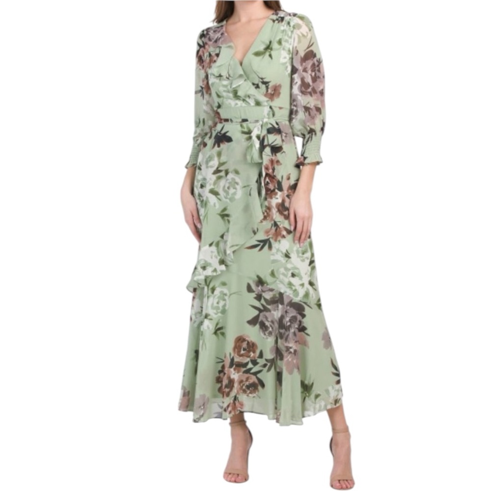 TAYLOR by Taylor Swift Floral Ruffle Maxi Dress in Green/Brown Size 10– FEMININE